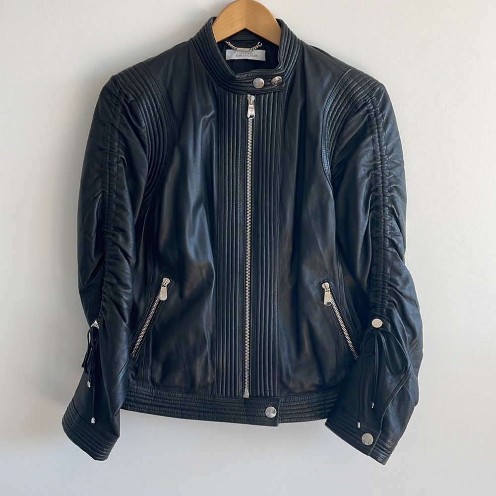 Versace Collection Black Leather Moto Jacket Size 46